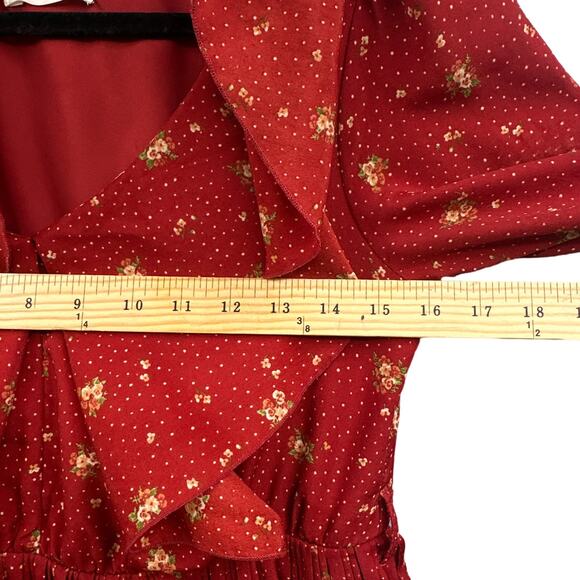 Bye Bye Y2k Mini Dress M Puff Sleeve Pleated Ditsy Floral Red Boho Fairy Cottage - Picture 14 of 16